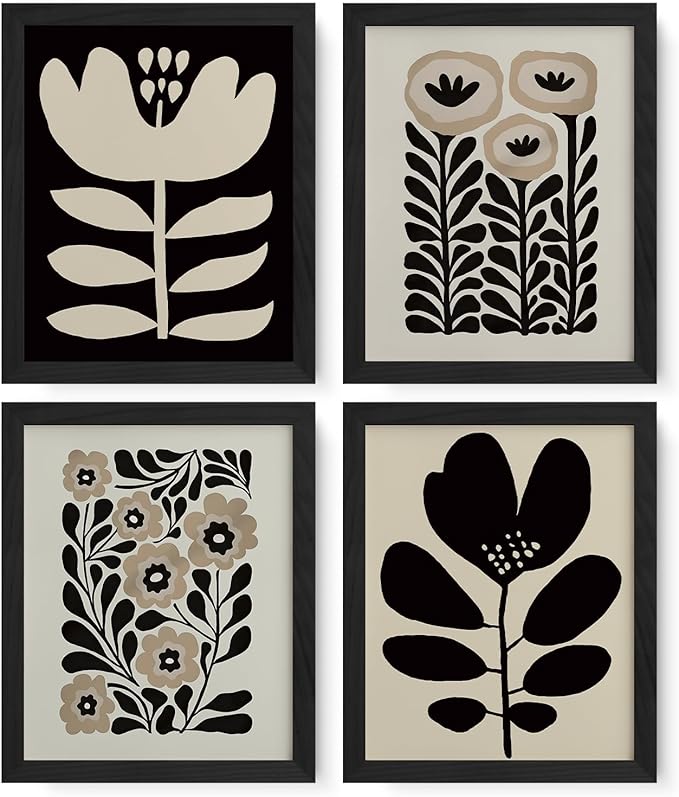 JXREQ Vinatge Boho Abstract Matisse Floral Wall Art, Mid Century Modern Abstract Black and Beige Floral Wall Decor for Hom...