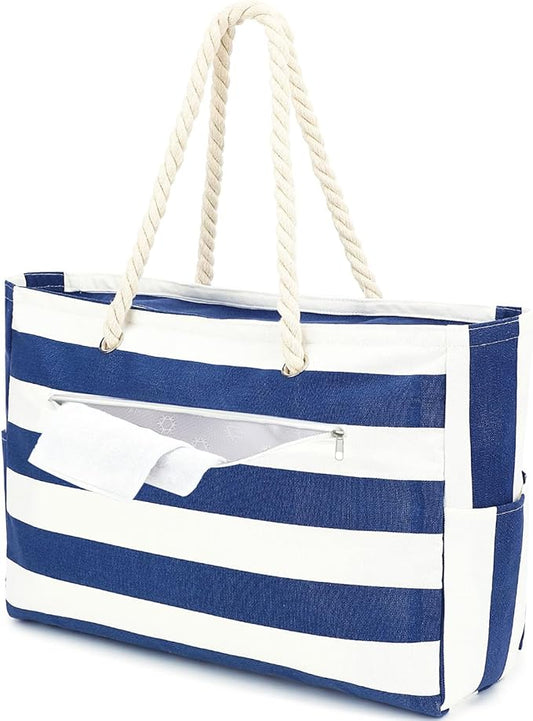 Fammart Large Canvas Beach Bag for Women, Beach Bags Waterproof Sandproof with Zipper & Wet Bag Cruise Essentials