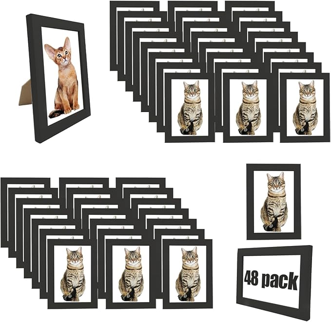 WHEATHUSK 4x6 Picture Frame Bulk Set of 48 Black Photo Frames Display 4x6 Photos Gallery Wall Photo Frames Simple Wooden M...
