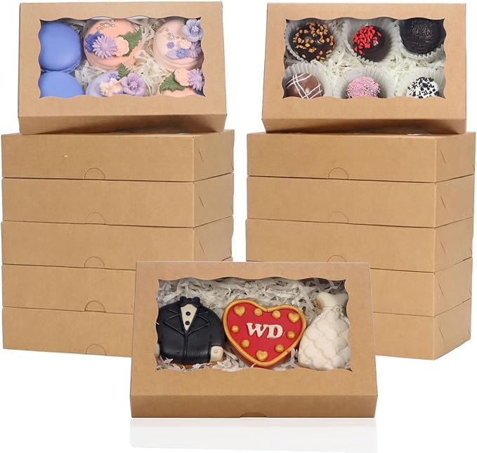 RomanticBaking 50 Pack DIY Assembly Brown 7 x 4 3/8 x 1½ inches Cookies Boxes BakeryTreat Boxes Packaging for Macaron Choc...