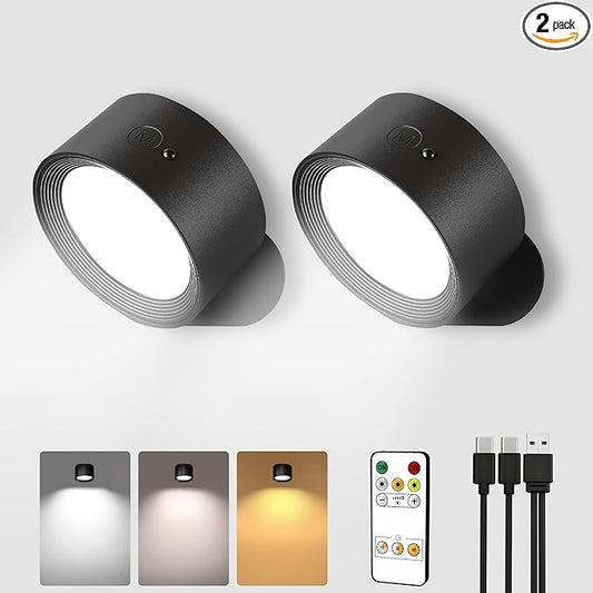 AMETHEUS LED Wall Mounted Lights, Rechargeable Wall Sconces Lamp, 3 Color Temps & Remote and Touch, 360°Rotation Dimmable ...