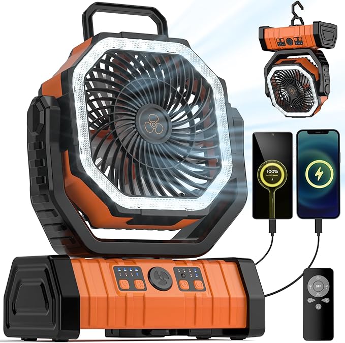 VOSFEEL Camping Fan - 20000mAh Battery Powered Fan Rechargeable with LED Lantern - Portable Outdoor Tent Fans with Hanging...