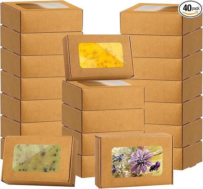 RYKOMO 40 PCS Soap Boxes for Homemade 3.55 x 2.4 x 1.2 Inch Small Soap Paper Box Mini Kraft Treat Box with Window for Home...