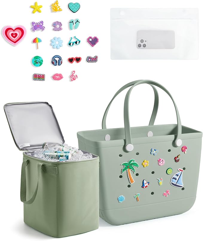 BAGSMART Large Beach Bag for Women with Cooler, Rubber Tote Bag with Charms, Waterproof Vacation Essentials for Swim Pool