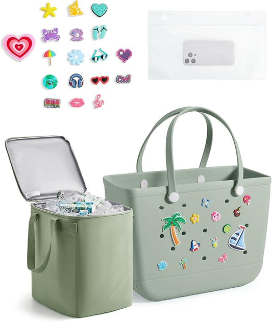 BAGSMART Large Beach Bag for Women with Cooler, Rubber Tote Bag with Charms, Waterproof Vacation Essentials for Swim Pool