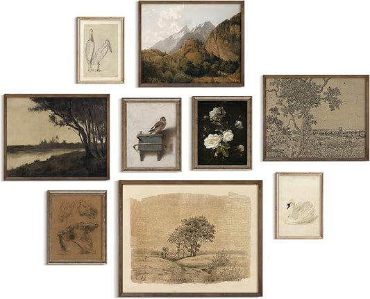 9Pcs Vintage Gallery Wall Art Decor Prints Neutral Farmhouse Wall Decor Nature Landscape Botanical Painting Moody Poster R...