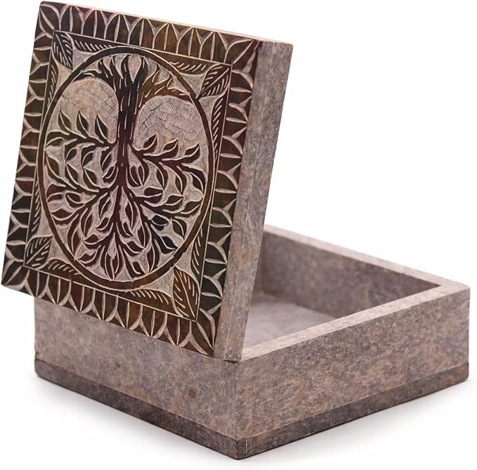 KC KULLICRAFT Hand Carved Marble Soapstone Square Shape Jewellery Box | Storage Organizer | Decorative Trinket Ornament Ho...