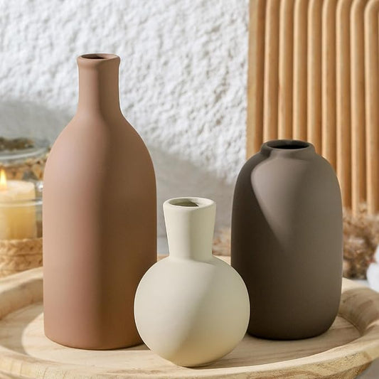 Ceramic Vases Set of 3, Modern Neutral Rustic Farmhouse Home Decor Pottery Pampas Decoration for Living Room, Table, Bathr...