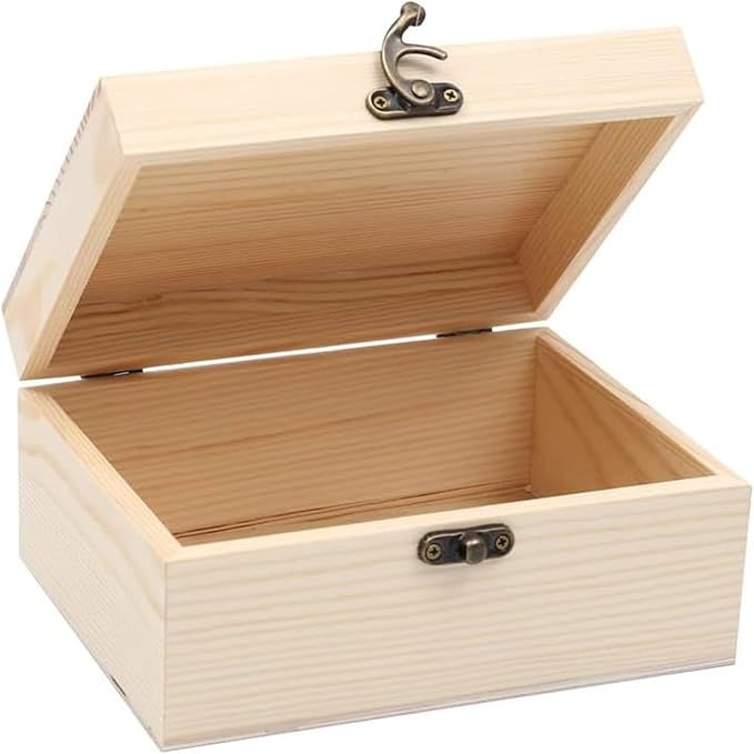 VIKOS Products (1-Pack Unfinished Unpainted Wooden Box with Hinged Lid for Crafts DIY Storage Jewelry Plain Pine Box - Sma...