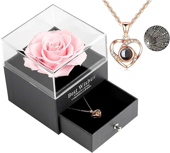 Skalago Preserved Real Rose Drawer with Heart Necklace I Love You in 100 Languages Gift Set, Handmade Enchanted Real Rose ...