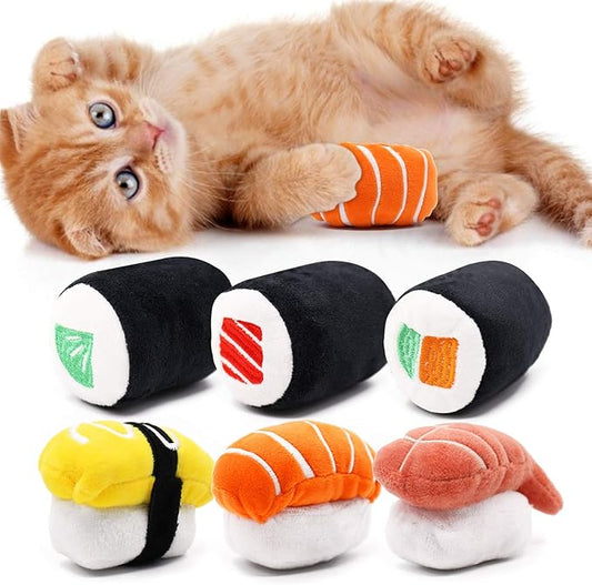 CiyvoLyeen 6 Pack Sushi Cat Toys with Catnip Sushi Roll Pillow Kitten Chew Bite Supplies Boredom Relief Fluffy Kitty Teeth...