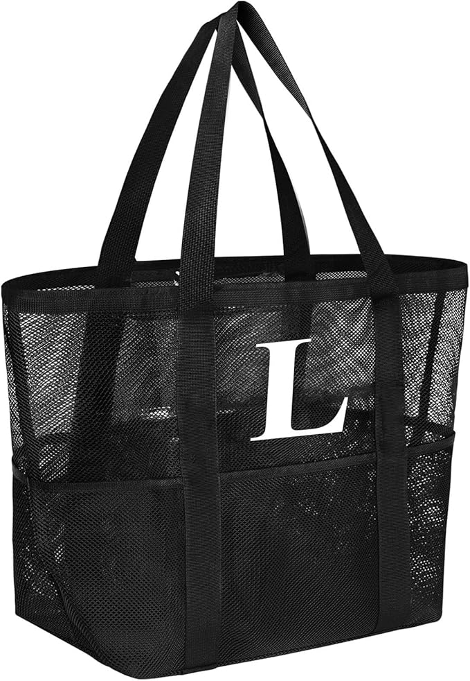 wanchel Personalized Mesh Beach Bag for Women - Waterproof Initial Tote Bag for Family Travel, Toys, Vacation Essentials