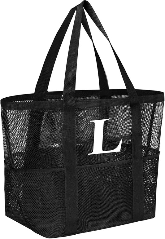 wanchel Personalized Mesh Beach Bag for Women - Waterproof Initial Tote Bag for Family Travel, Toys, Vacation Essentials