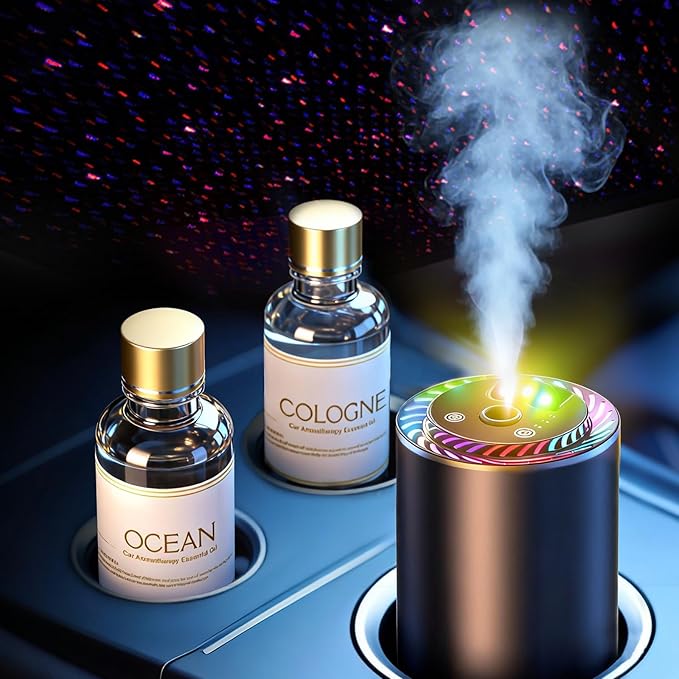 Smart Car Air Freshener with Star Light & 100ml Diffusers Oil Refills, Auto On/Off Aroma Diffuser, 3 Adjustable Mist Modes...
