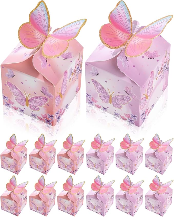 Liobelon 48 Pcs MINI Butterfly Party Favor Treat Boxes, Pink Purple Floral Candy Paper Gift Box Butterfly Decorations Brid...