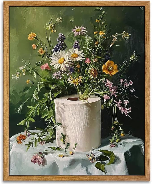 AtterrirArt Framed Funny Bathroom Wall Art, Toilet Paper Picture Painting Print, Vintage Moody Floral Wall Decor, Toilet C...