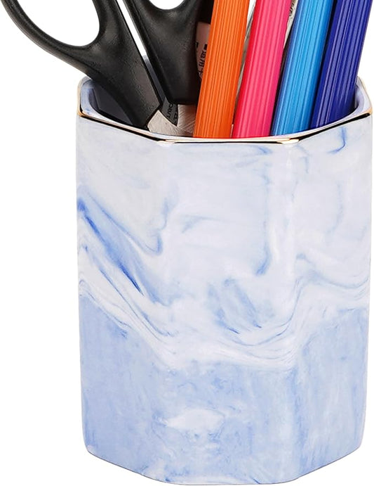 BUNCHBRAVO Blue Marble Makeup Brush Holder - Round Ceramic Pencil Container with Gold Rim, Elegant Versatile Organizer for...