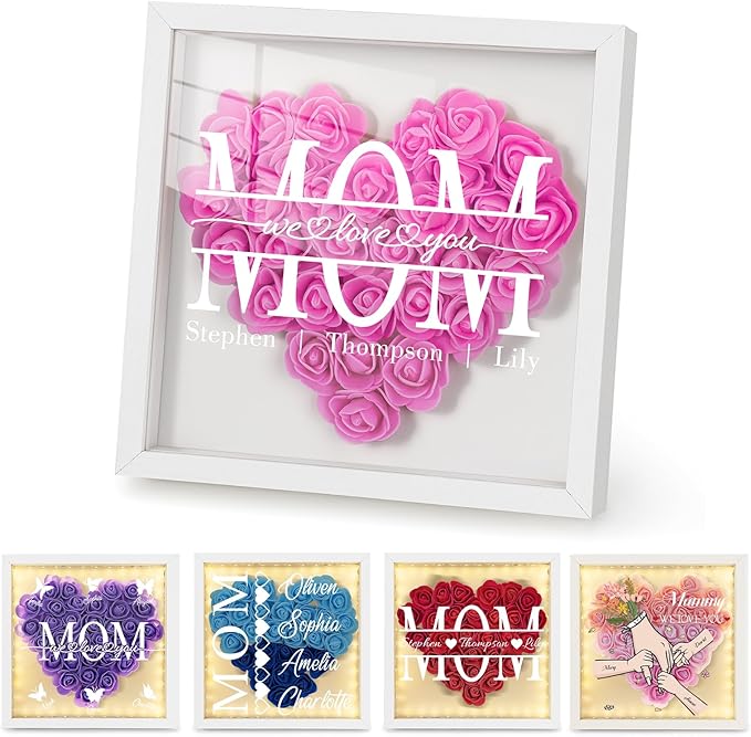 UNIGIFTIME Mom We Love You - Personalized Flower Shadow Box with Names, Christmas Mothers Day Flower Box Gifts for Mom (St...