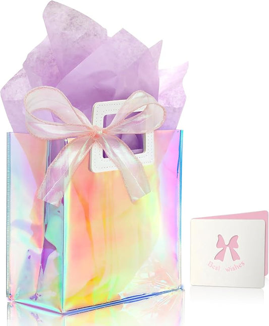 KeerxunBag 1 Pack Holographic Gift Bags with Handles & 2 Tissue Paper Sheets – Iridescent Transparent Reusable Bags for Wo...