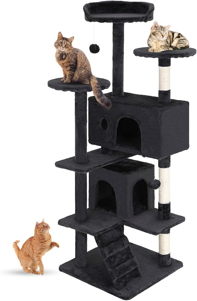 FDW | 54" Cat Tree Tower | Dark Gray | Multi-Level Indoor Activity Center with Sisal Scratching Posts, Condos, Plush Perch...
