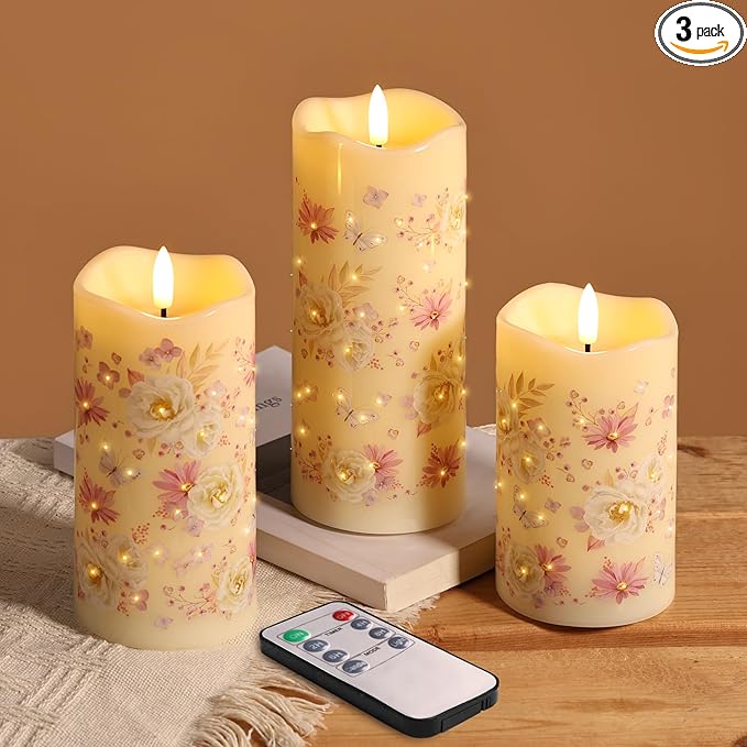 Eywamage Fiber Optic Flameless Pillar Candles with Remote, Floral Butterfly Spring LED Candles Flickering Easter Home Deco...