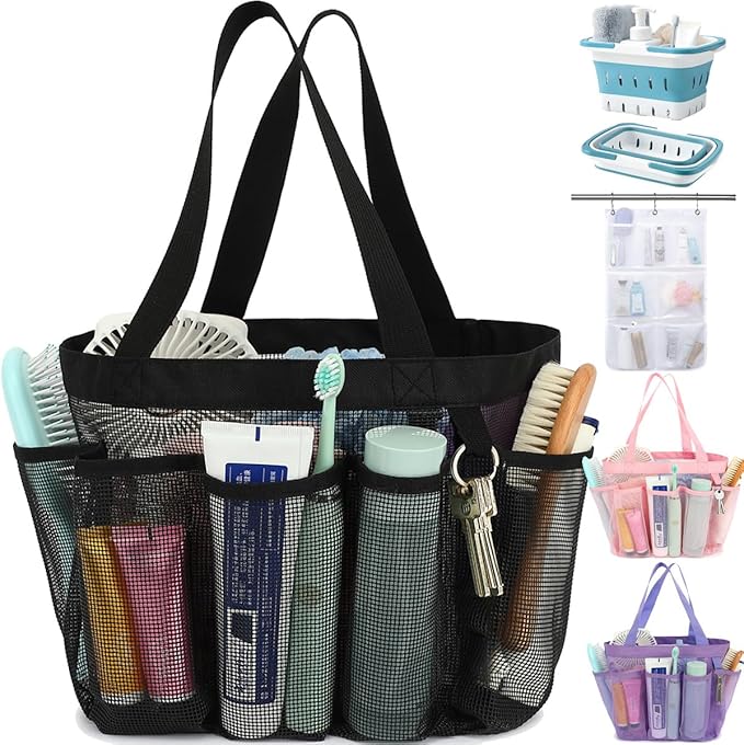 Fammart Mesh Shower Caddy Portable for College Dorm Room Essentials, 8-Pocket Large Shower Basket Tote Bag with 2 Handles ...