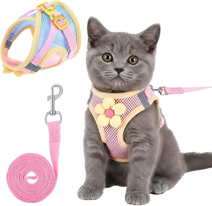 Cat Harness and Leash Set for Walking Escape Proof Adjustable Kitten Harness Breathable Mesh with Reflective Strips Lightw...