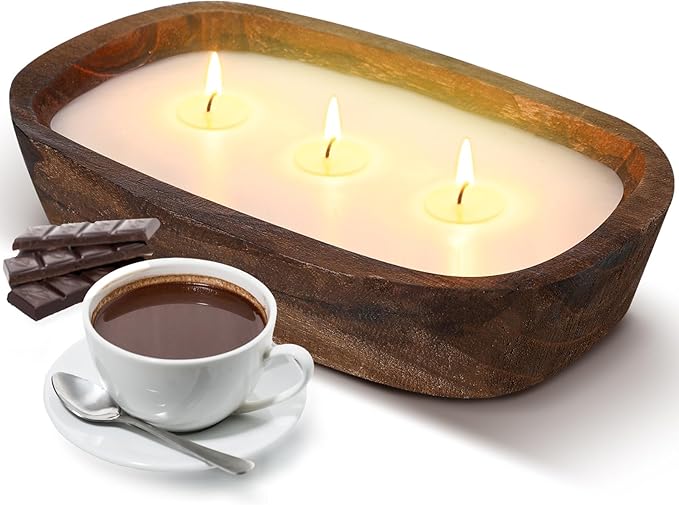 Threlaco 1 Pack 10 Inch Wood Dough Bowl Candles Home Rustic Dough Bowl Soy Candle 3 Wick Scented Candles Gifts for Men Wom...