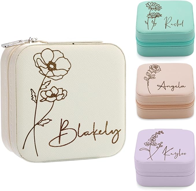 Yofair Mothers Day Mom Gifts for Women Personalized Jewelry Box with Birth Flower Custom Leather Travel Jewelry Case Ring ...