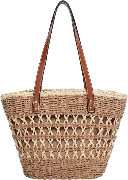 Tavaleu Straw Beach Bags for Women, Tote Handbag Shoulder Bag for Women, Beach Straw Purse Buckets Summer Fashion Hobo Bags