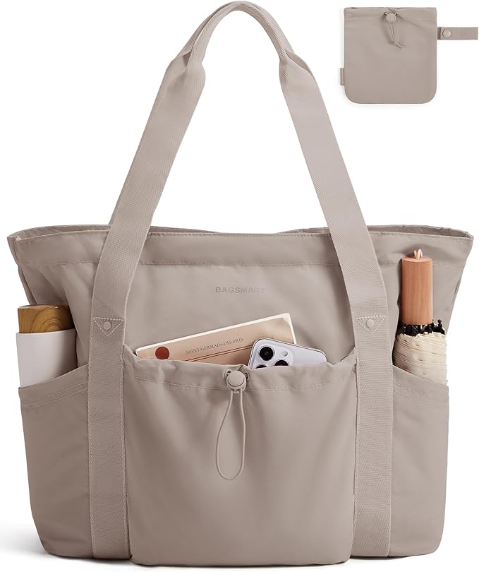 BAGSMART Foldable Tote Bag with Drawstring Bag, Large Tote Bag Shoulder Bag Top Handle Handbag for Travel, Work, Beach, Gym