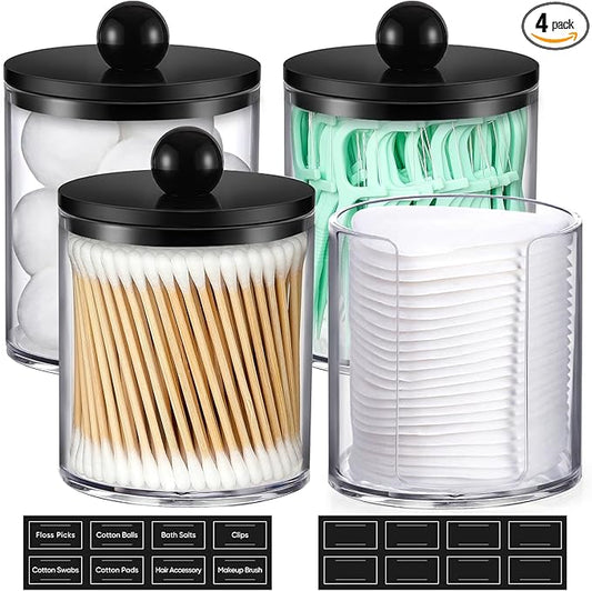4 Pcs, Acrylic Qtip Holder Dispenser for Cotton Swab, Ball, Round Pads, Floss Picks - Plastic Apothecary Jar Set, Bathroom...