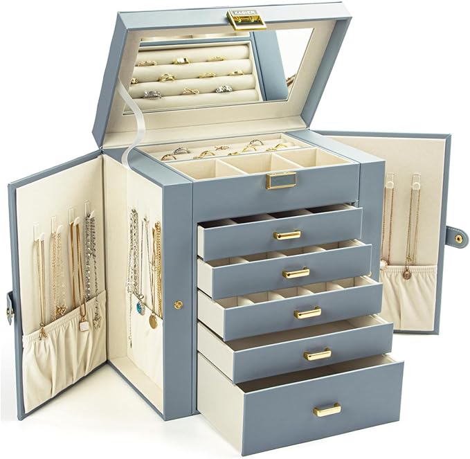 KAMIER Jewelry Box for Women, 6-Layer Large Jewelry Organizer Box with Mirror & 5 Drawers for Rings, Earrings, Necklaces, ...