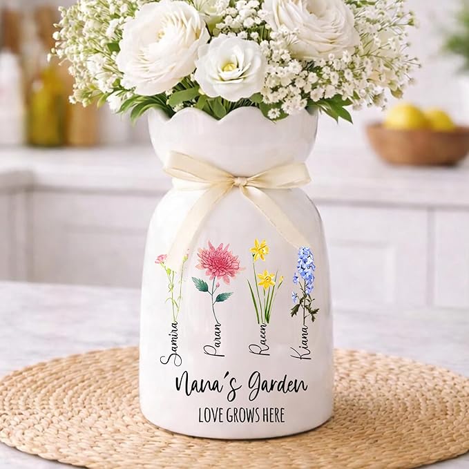 NAZENTI Personalized Birth Month Flower Vase - Grandma's Garden Decor, Mom Grandma Mother's Day Floral Vases with Kids Nam...