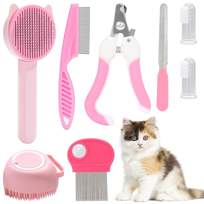 VCZONE 8 Pcs Cat Brush Grooming Kits, Pet Self Cleaning Kit with Pet Nail Clipper and File, Flea Comb, Pet Shampoo Bath Br...