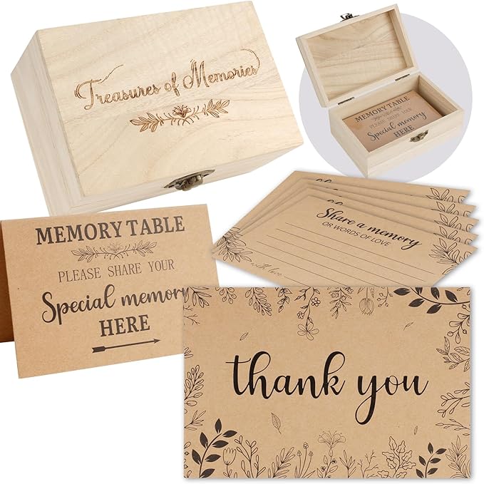 Lebsitey Share A Memory Card for Celebration of Life Decorations- 50 Pcs Memory Cards with Wooden Box for Funeral Graduati...