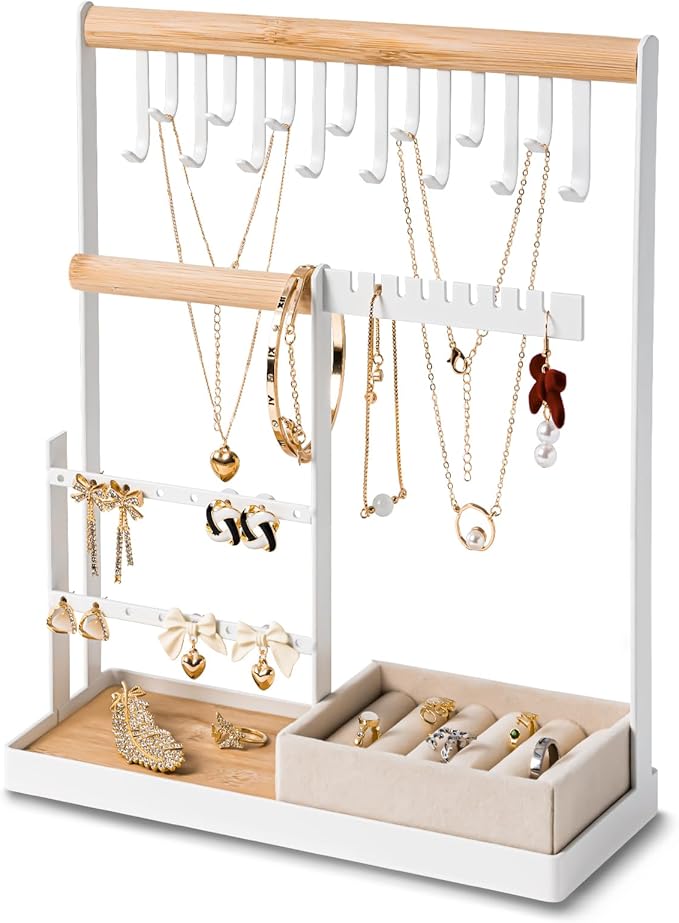DreamGenius Jewelry Organizer Stand with Velvet Ring Holder, 4 Tier Jewelry Holder Organizer with 15 Hooks for Necklaces a...