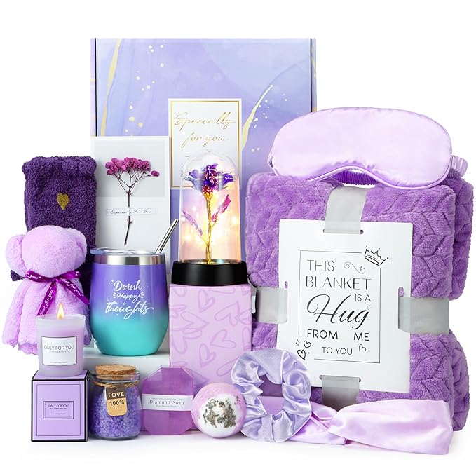 Birthday Gifts for Women, Relaxing Spa Gifts Care Package with Luxury Flannel Blanket, Light-Up Rose Flower, Unique Mother...