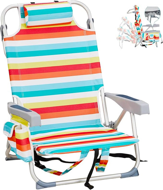 NAICKUC Folding Low Backpack Beach Chairs for Adults, 5-Positions Adjustable Portable Recliner, Aluminum Frame, Includes H...