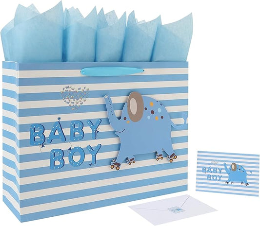 16.5” Extra Large Baby Boy Gift Bag Set with Handles, Greeting Card, Blue Tissue Papers and Stickers for Boys Kids for Bab...