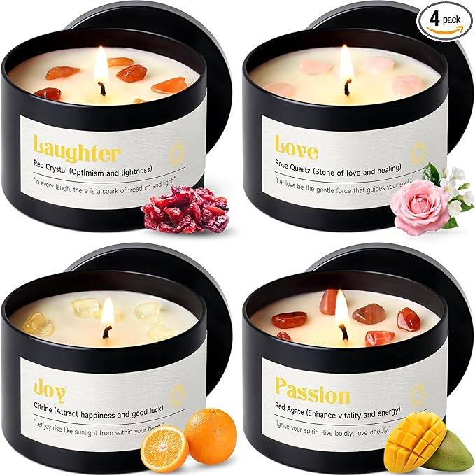 AOOVOO Crystal Energy Candles Set for Women - 4 Pack 26 oz Soy Wax Candles for Home Scented, 200 Hour Long Lasting Candle,...