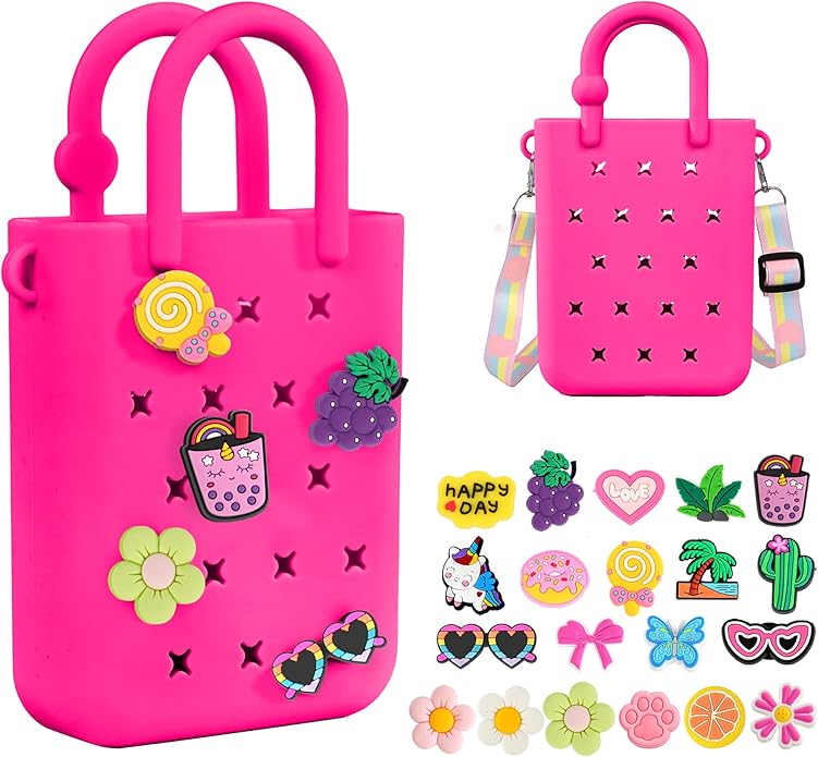 Silicone Small Rubber Beach Bag with 20 Charms, Hole Handbag With Adjustable Shoulder Strap, Girls and Woman