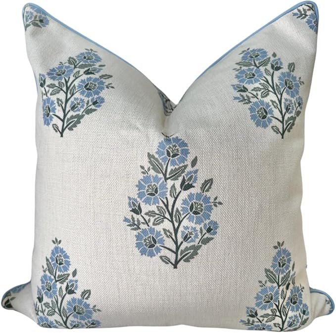 Jillien Harbor “The Camille” Floral Block Print Pillow Cover – Soft Blue and White Decorative Throw Pillow Cover – Grandmi...