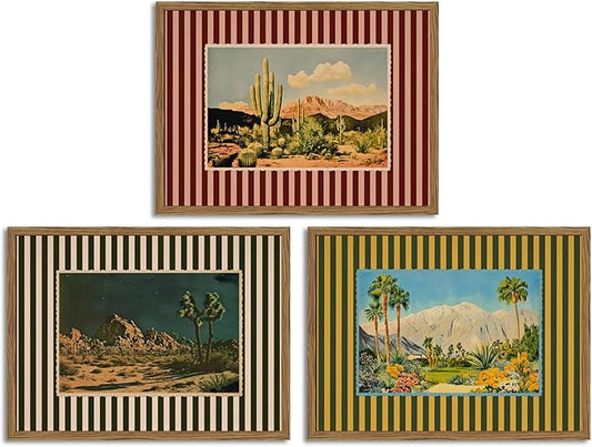 Framed Vintage Western Nature Landscape Wall Art Set of 3, Striped Postcards Southwest Desert Cactus Pictures Wall Decor P...