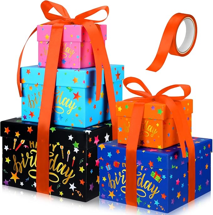 Geyoga 5 Pcs Birthday Gift Boxes Square Nesting Boxes with Lids Square Box 5 Assorted Sizes Stackable Gift Box for Birthda...