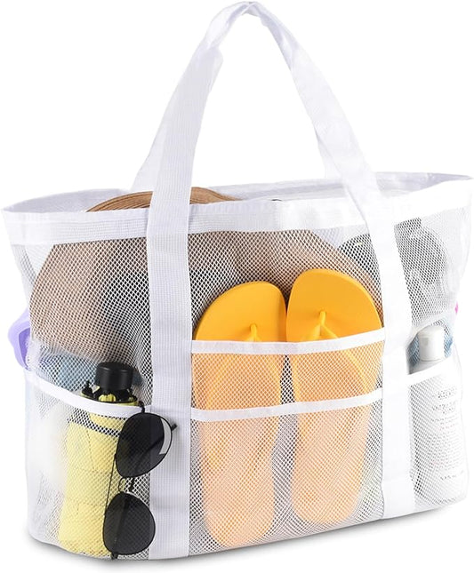 CaCTOUR Mesh Beach Bag,Large Beach Bags for Women with 8 Pockets,Packable Tote Bag for Beach Cruise Pool Vacation Essentials