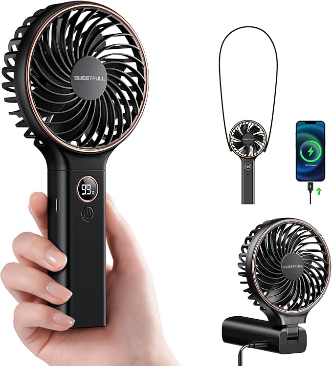 SWEETFULL Handheld Portable Fan, 5000mAh Rechargeable Battery, 6 Speed Wind, LED Digital Display, Foldable Electric Person...