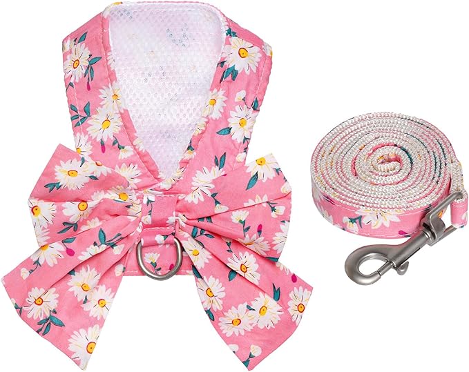 YKYUASD Dog Harness and Leash Set Adjustable Puppy Harness Mesh Vest Set Bow Knot Pet Clothes for Small Girl Dog Cat Summe...