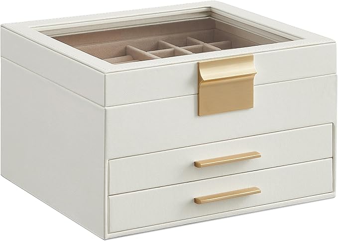 SONGMICS GISELLA Collection - Jewelry Box Organizer, 3-Layer Jewelry Storage with 2 Drawers, Shiny Metal Hardware, Glass L...