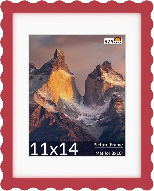 SZYUU 11x14 Wavy Picture Frame with Mat for 8x10, Real Glass and Wooden Frame - Tabletop or Wall Hanging Photo Frame(1 Pa...